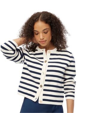 100% Cotton J Crew Emilie Sweater Lady Jacket Stripe Navy White Cropped Cardigan